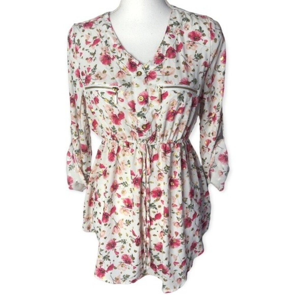 J for Justify Floral Print 3/4 Sleeve Button Front Gold Details Tunic Blouse